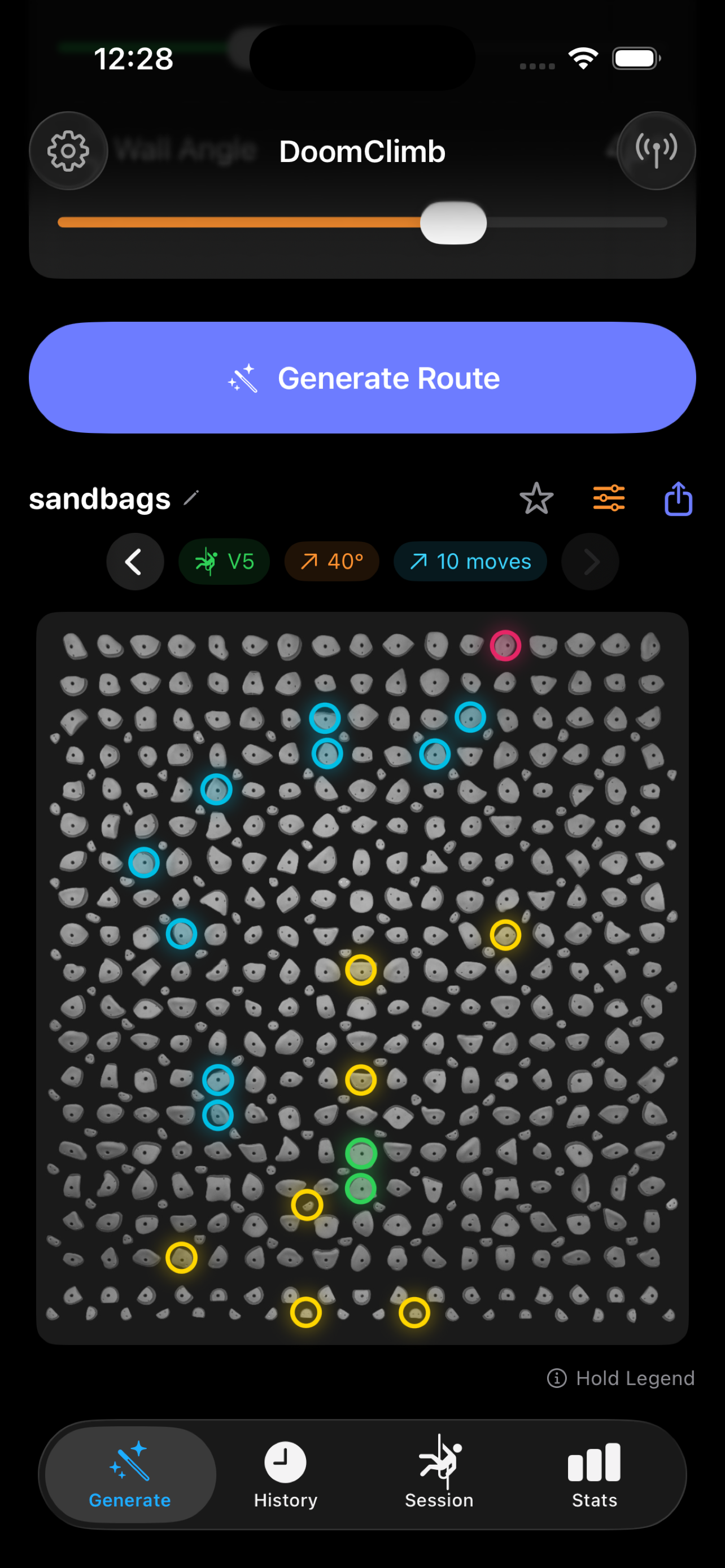 A generated V5 climb named 'sandbags' lit on the Kilter Board, with the app's grade and angle chips above the board.